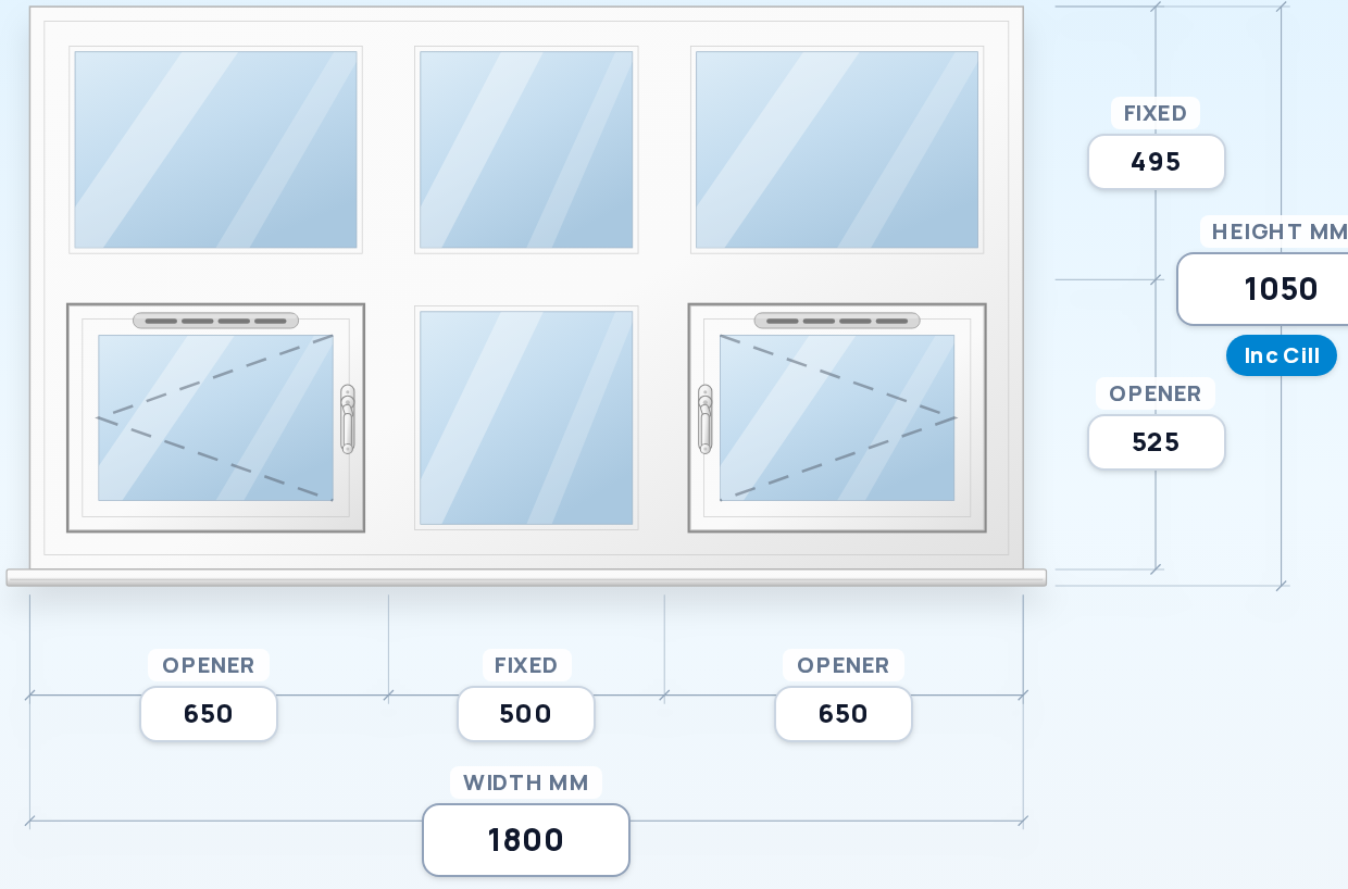 Three Fixed Panes over Side Opener + Fixed + Side Opener (L/R) window drawing