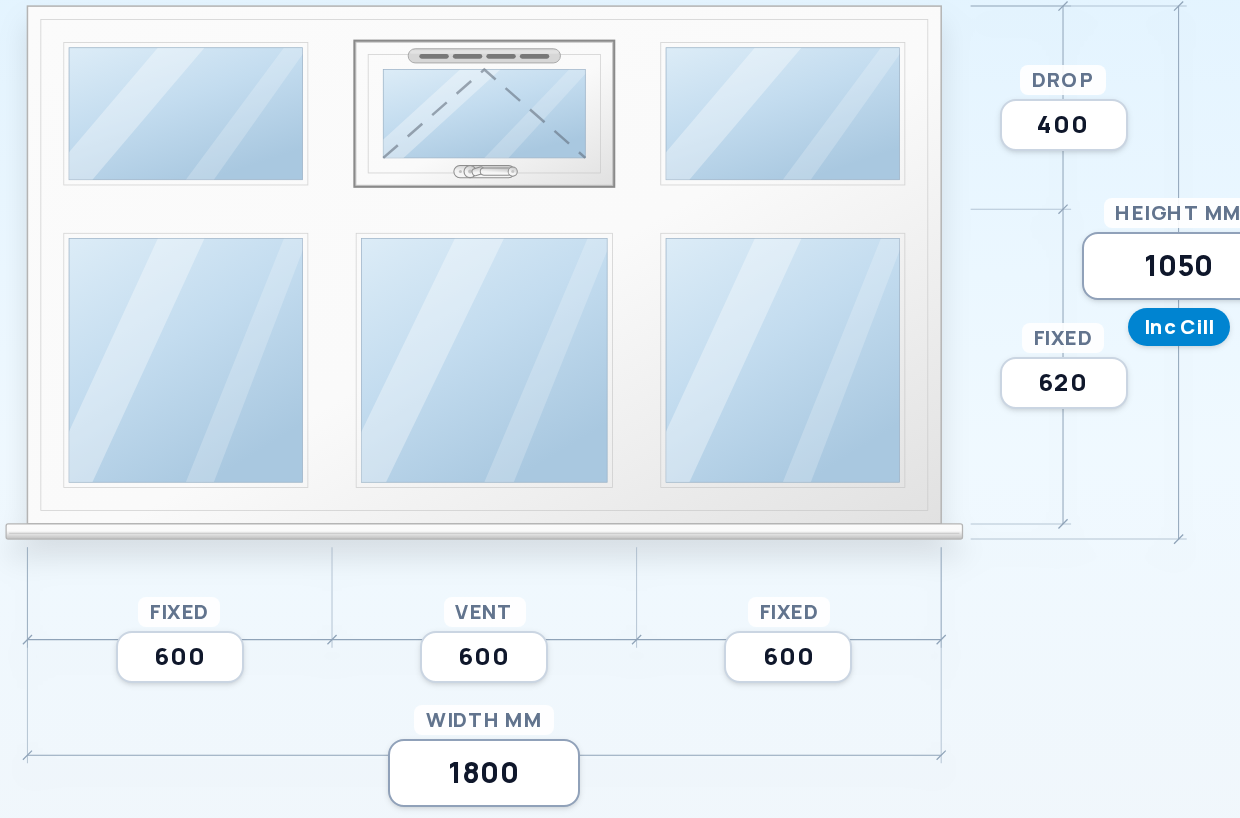 Fixed + Top Vent + Fixed over Three Fixed Panes window drawing