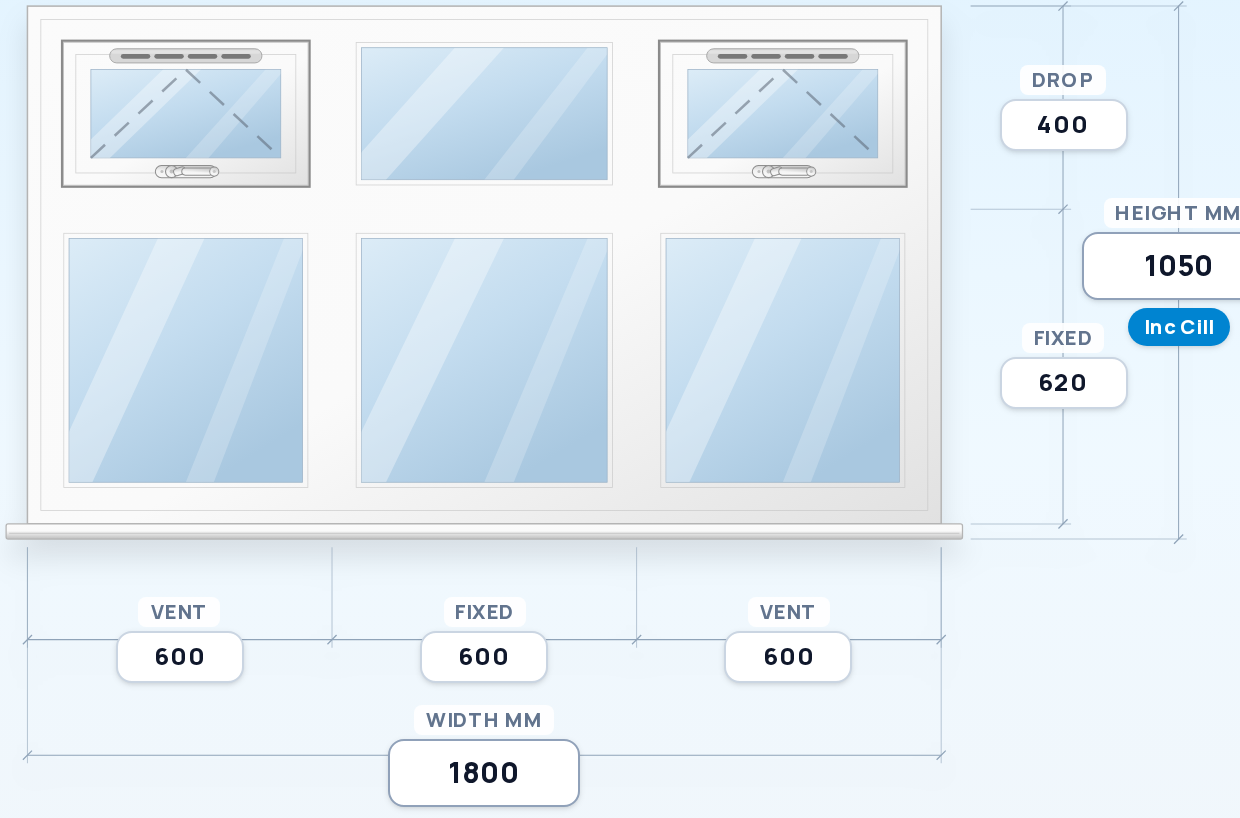 Top Vent + Fixed + Top Vent over Three Fixed Panes window drawing