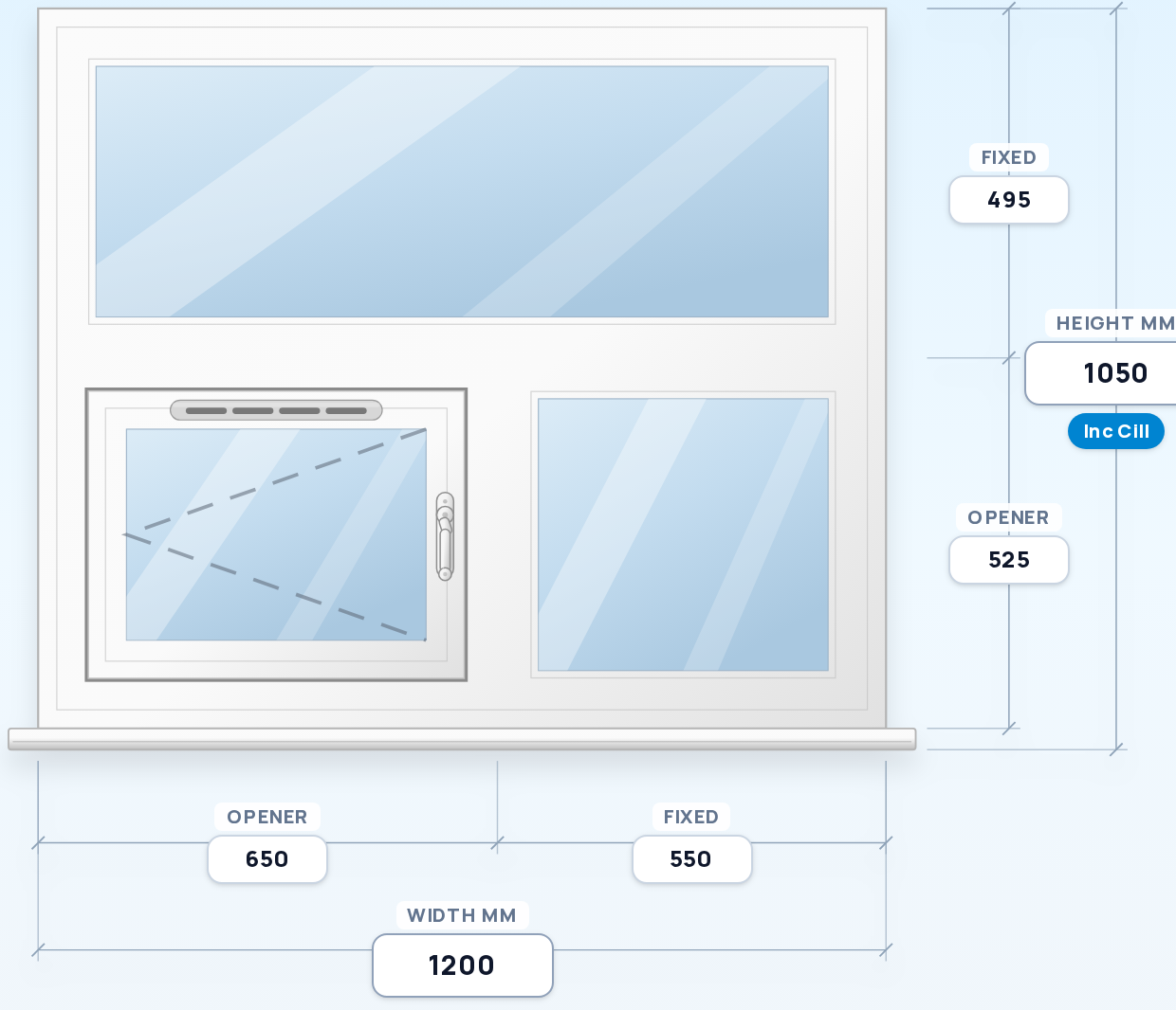 Full-Width Fixed over Side Opener + Fixed window drawing