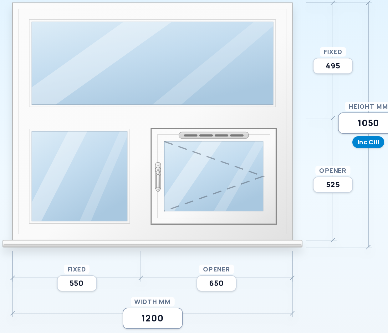 Full-Width Fixed over Fixed + Side Opener (R) window drawing