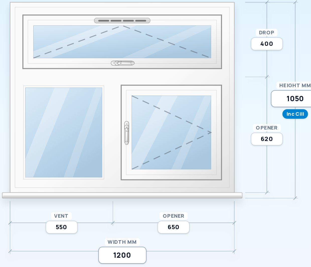 Full-Width Top Vent over Fixed + Side Opener window drawing