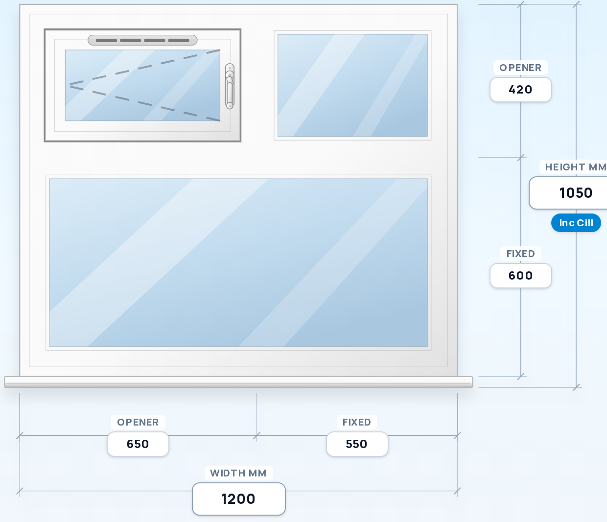 Side Opener + Fixed over Full-Width Fixed window drawing