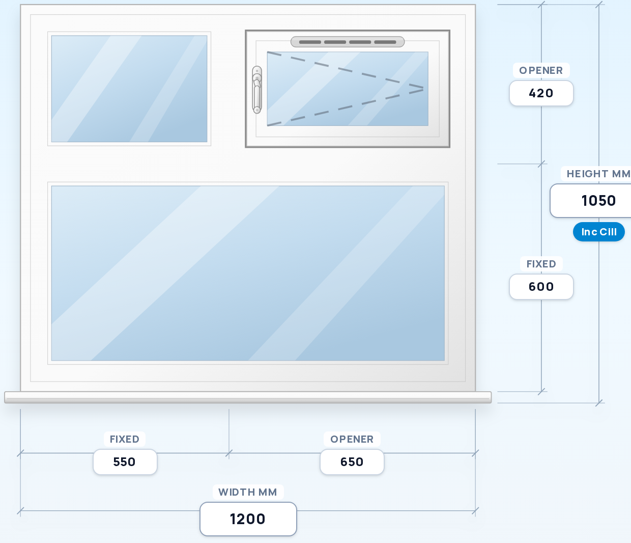 Fixed + Side Opener over Full-Width Fixed window drawing