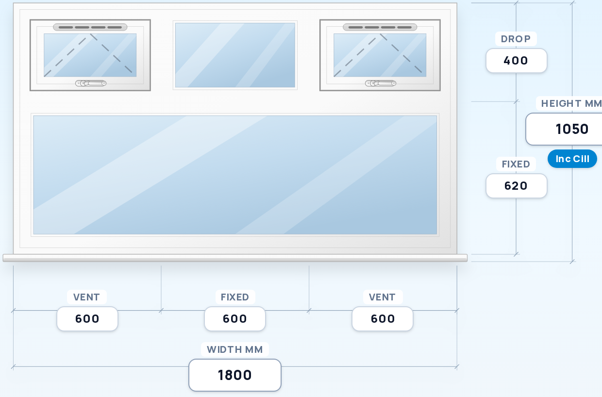 Top Vent + Fixed + Top Vent over Full-Width Fixed window drawing