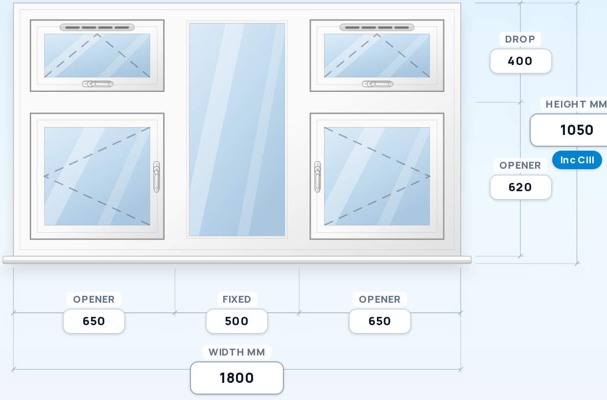 Top Vent over Side Opener + Fixed + Top Vent over Side Opener window drawing