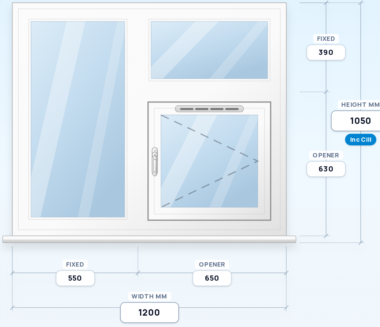 Fixed + Fixed over Side Opener window drawing