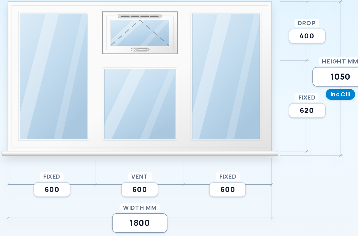 Fixed + Top Vent over Fixed + Fixed window drawing