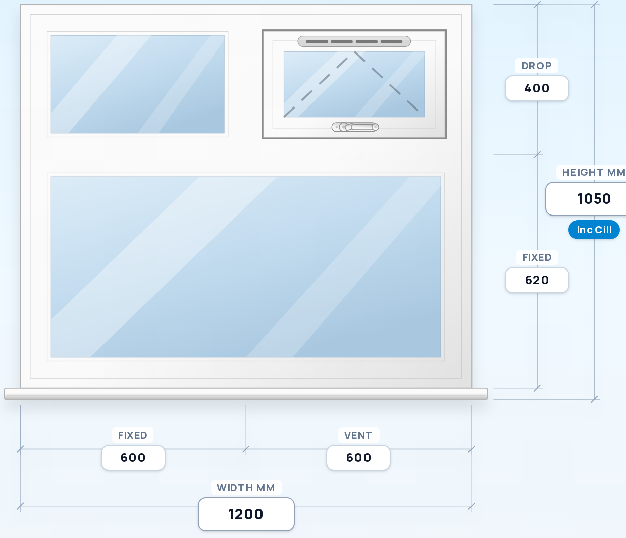Fixed + Top Vent over Full-Width Fixed window drawing
