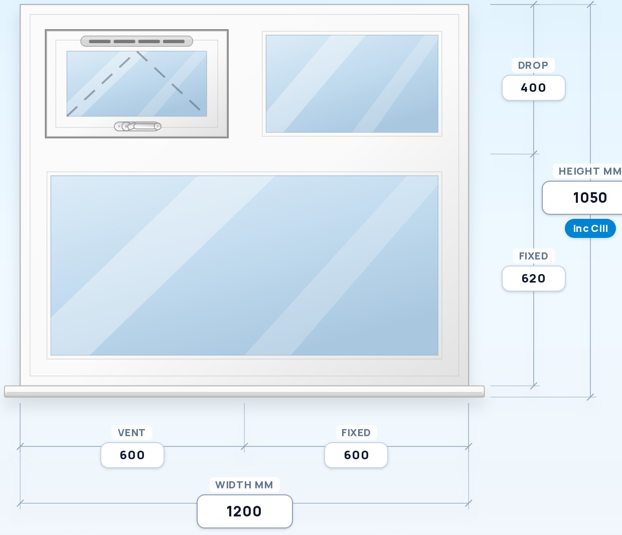 Top Vent + Fixed over Full-Width Fixed window drawing