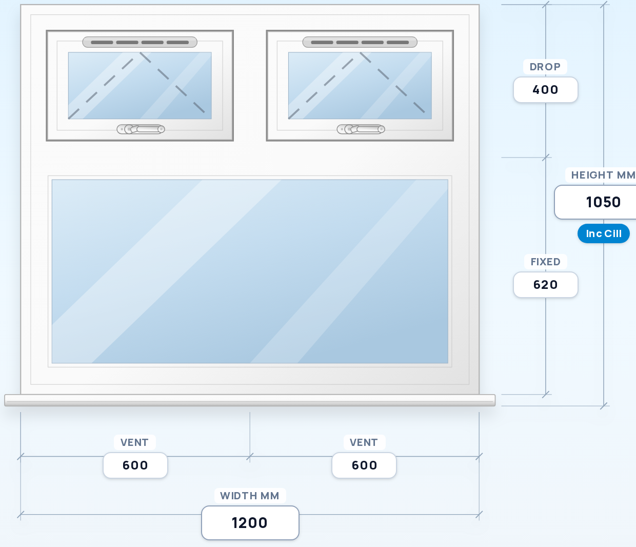 Twin Top Vents over Full-Width Fixed window drawing