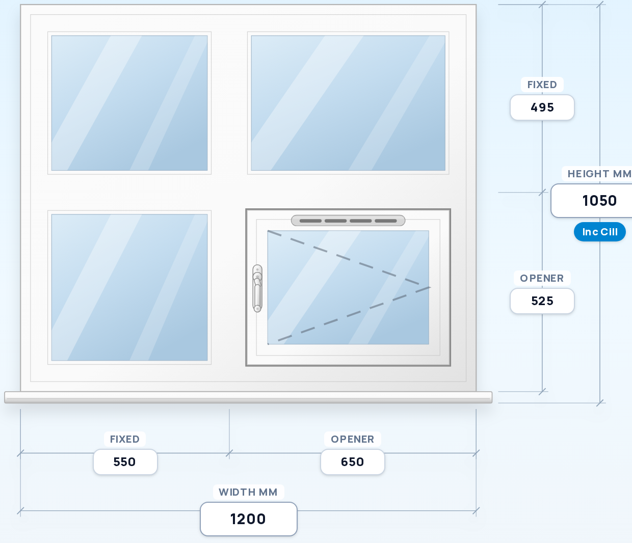 Twin Fixed Panes over Fixed + Side Opener window drawing