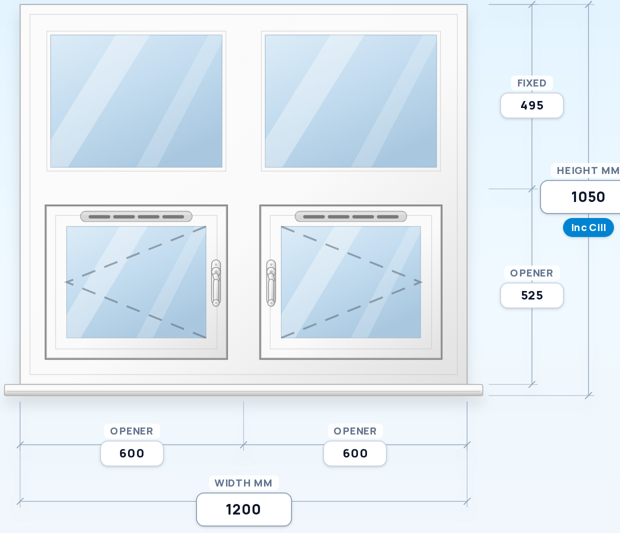 Twin Fixed Panes over Twin Side Openers window drawing