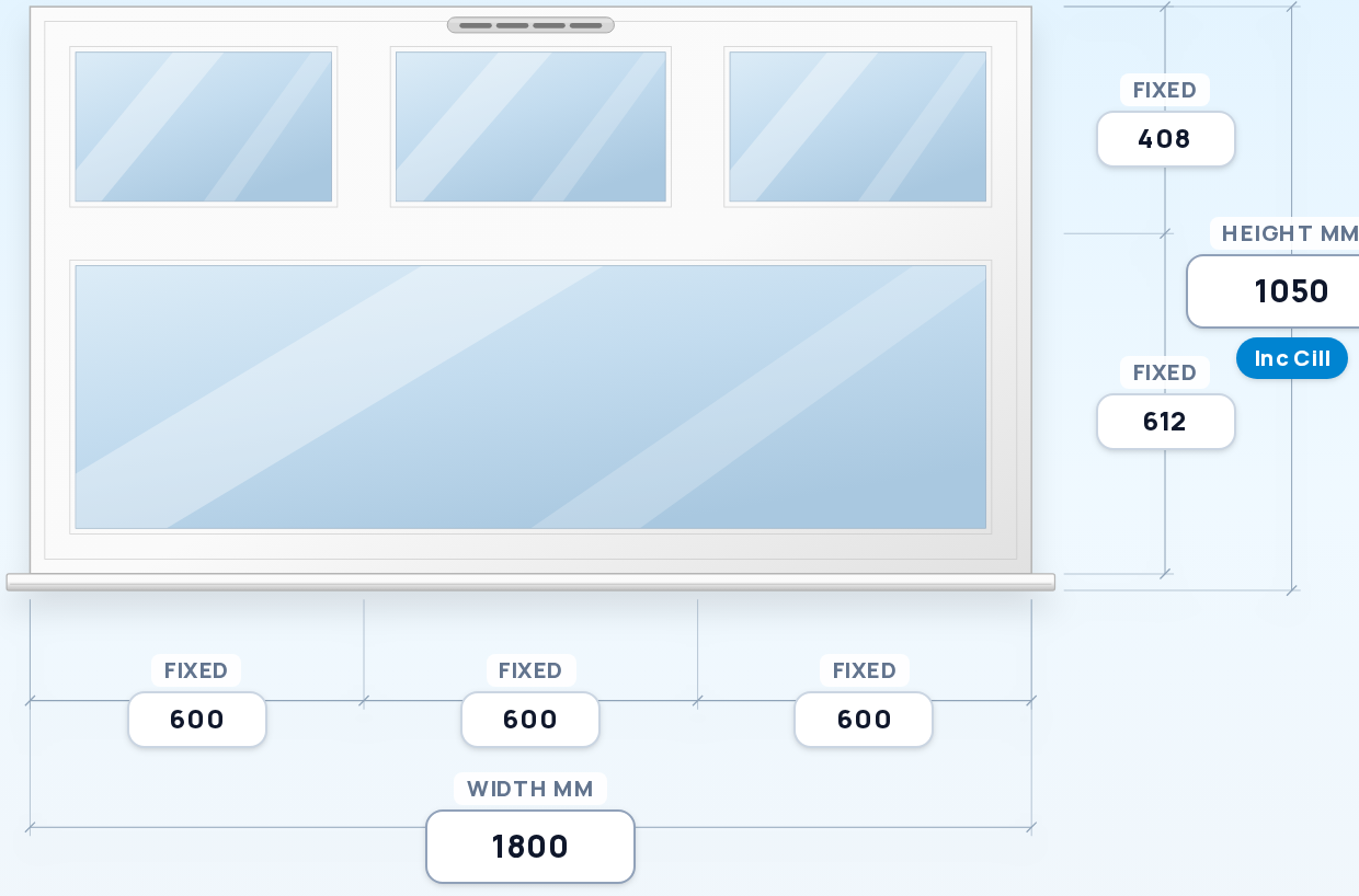Three Fixed Panes over Full-Width Fixed — Deep Vent window drawing