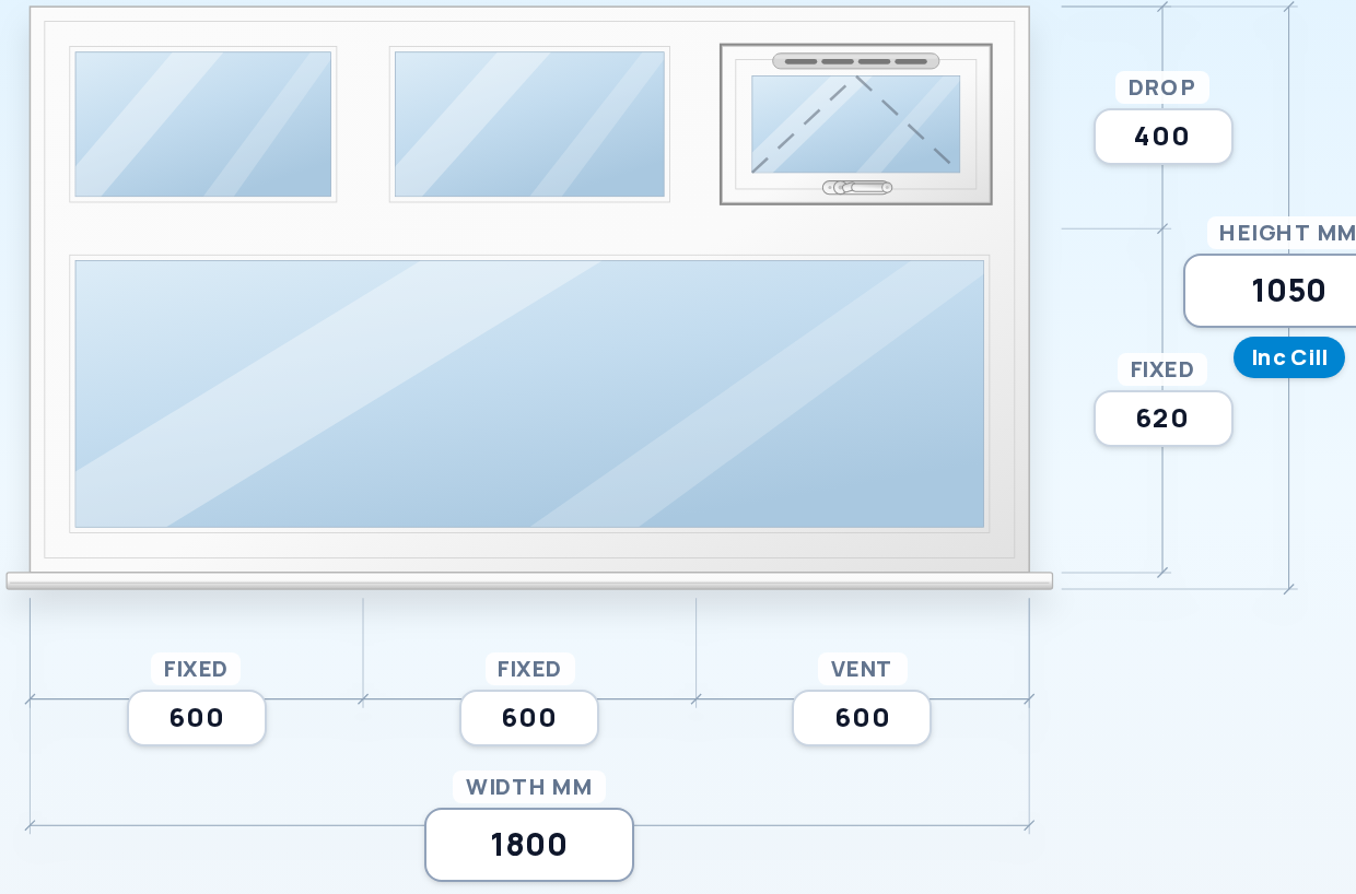 Fixed + Fixed + Top Vent over Full-Width Fixed window drawing