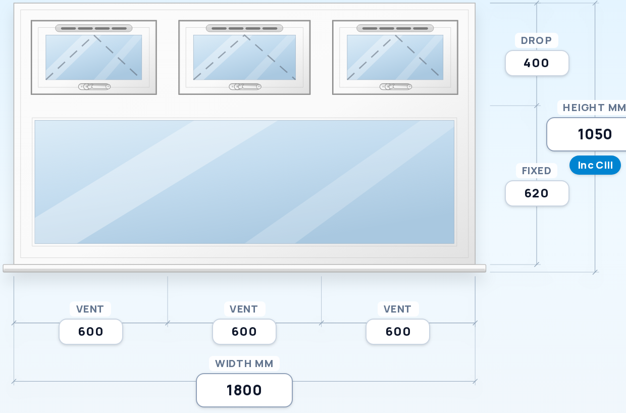 Three Top Vents over Full-Width Fixed window drawing