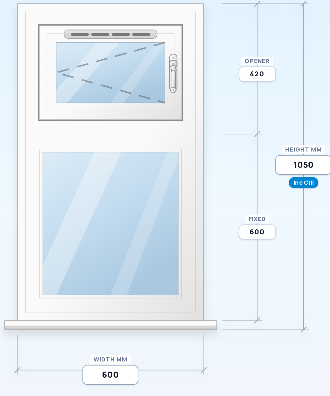Side Opener over Fixed (L) window drawing