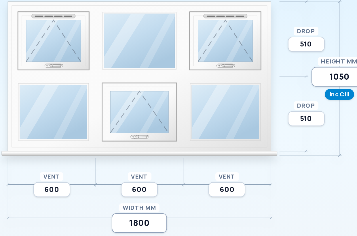 Top Vent + Fixed + Top Vent over Fixed + Top Vent + Fixed window drawing