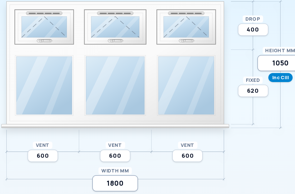 Three Top Vents over Three Fixed Panes — Equal Split window drawing