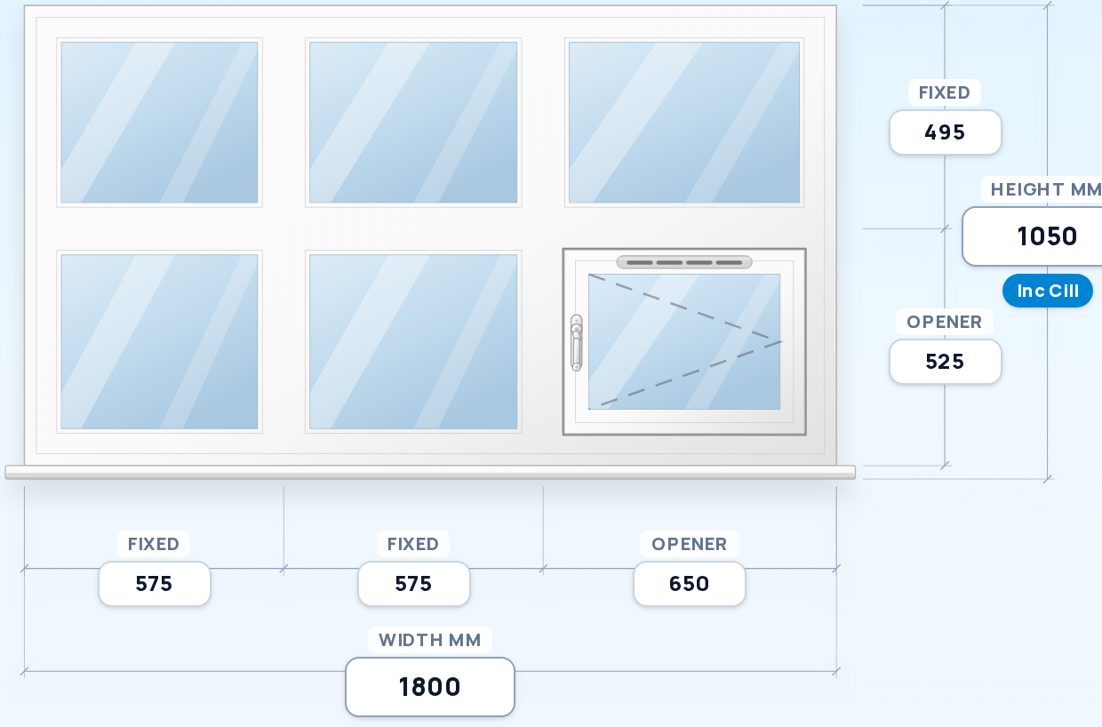 Three Fixed Panes over Fixed + Fixed + Side Opener window drawing