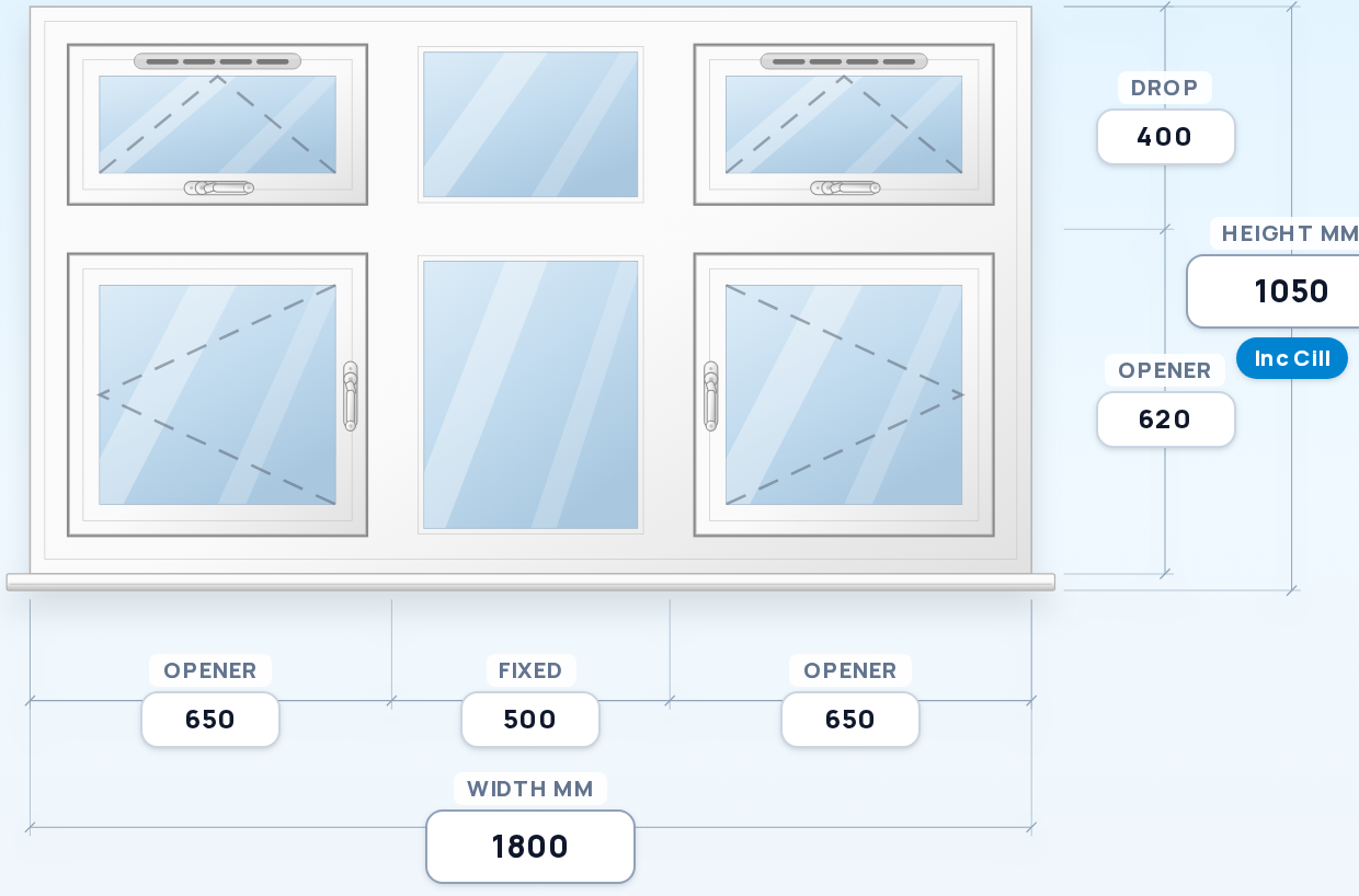 Top Vent + Fixed + Top Vent over Side Opener + Fixed + Side Opener window drawing