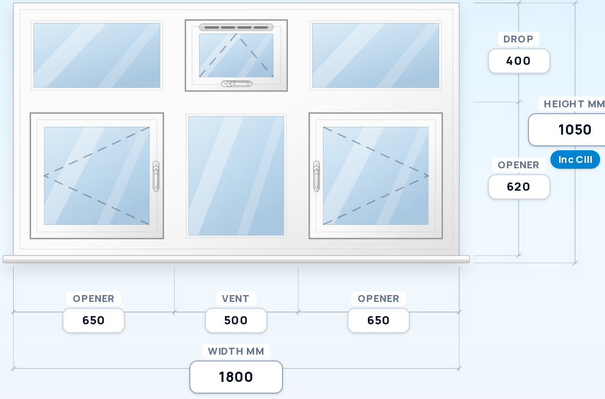 Fixed + Top Vent + Fixed over Side Opener + Fixed + Side Opener window drawing